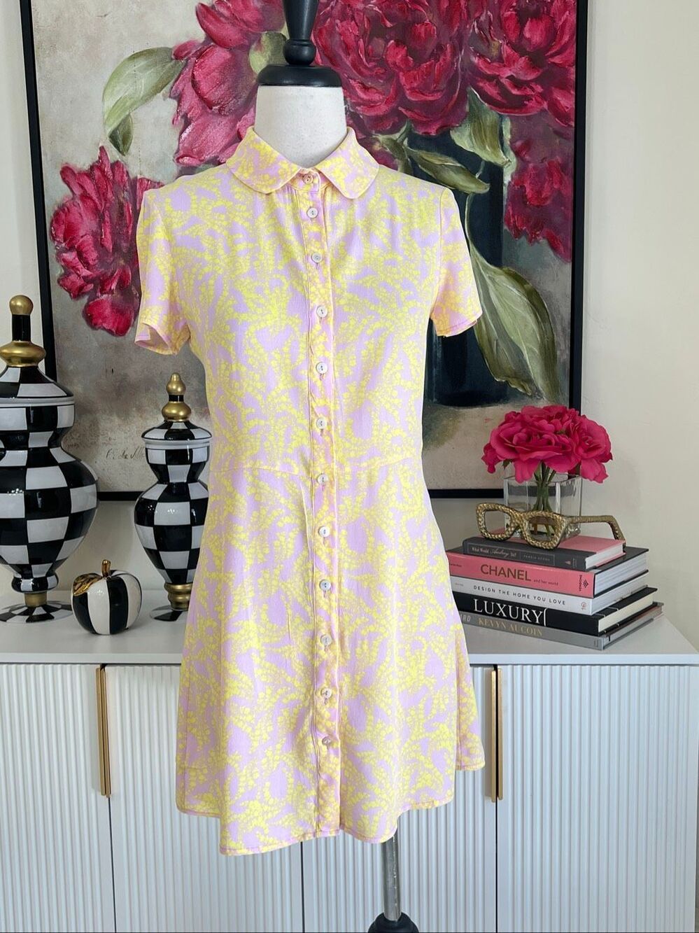 Olivaceous Women's Floral Short Sleeve Button-Up Shirt Dress Pink Yellow Small